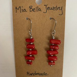 Genuine stones Red Coral Chip Dangle Earrings with Stainless Steel Ear wire